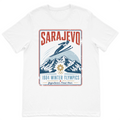 Vintage Sarajevo 1984 winter sports inspired graphic t-shirt featuring mountain scenery and a retro travel poster design on a premium white cotton t-shirt.