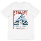 Vintage Sarajevo 1984 winter sports inspired graphic t-shirt featuring mountain scenery and a retro travel poster design on a premium white cotton t-shirt.