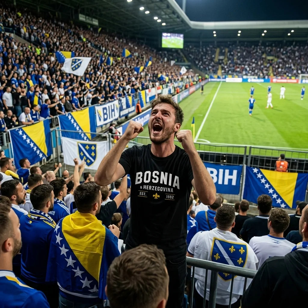 Fan in Bosnia and Herzegovina shirt cheering at a soccer match with national flags in the background