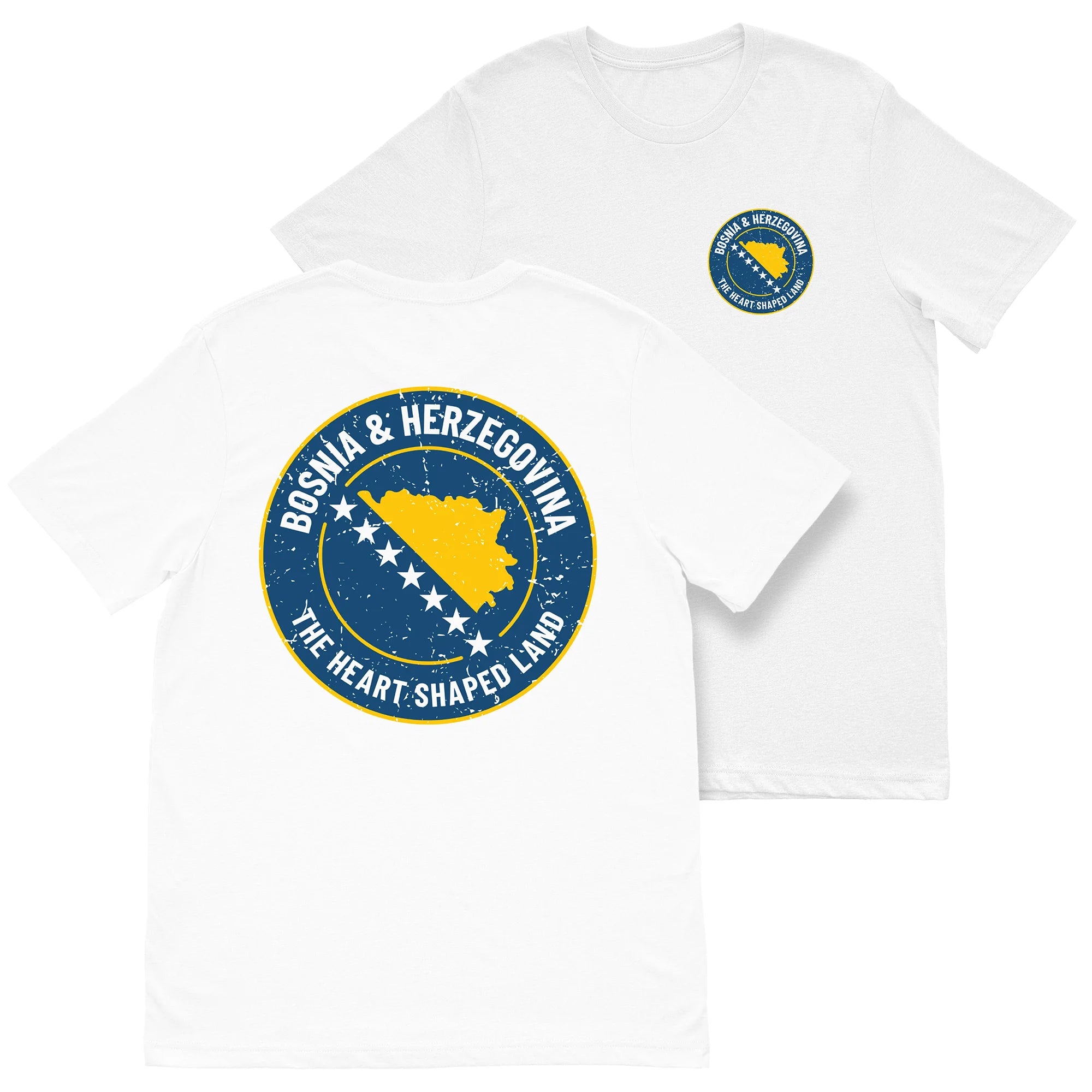 Bosnia and Herzegovina Heart-Shaped Land T-Shirt featuring Bosnian flag colors and front and back print design