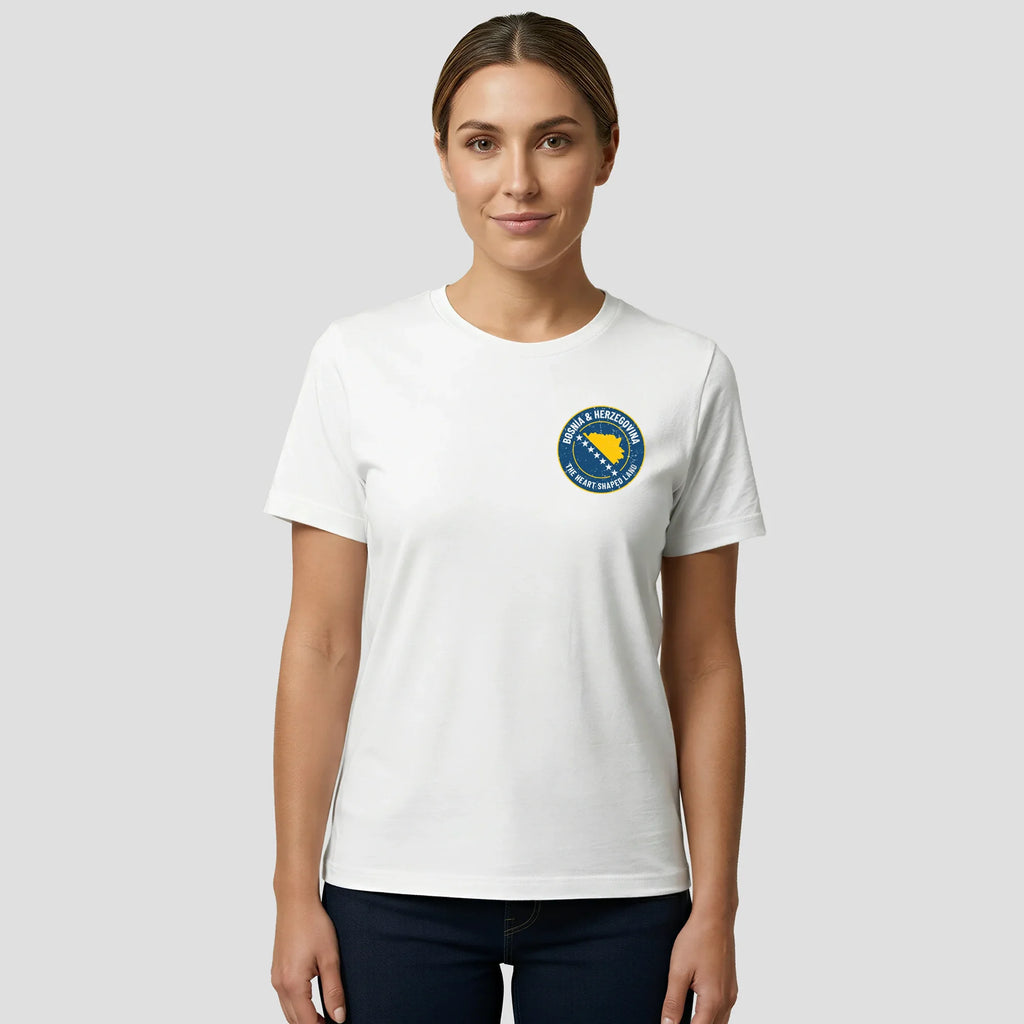 Woman wearing a white Bosnia t-shirt front view