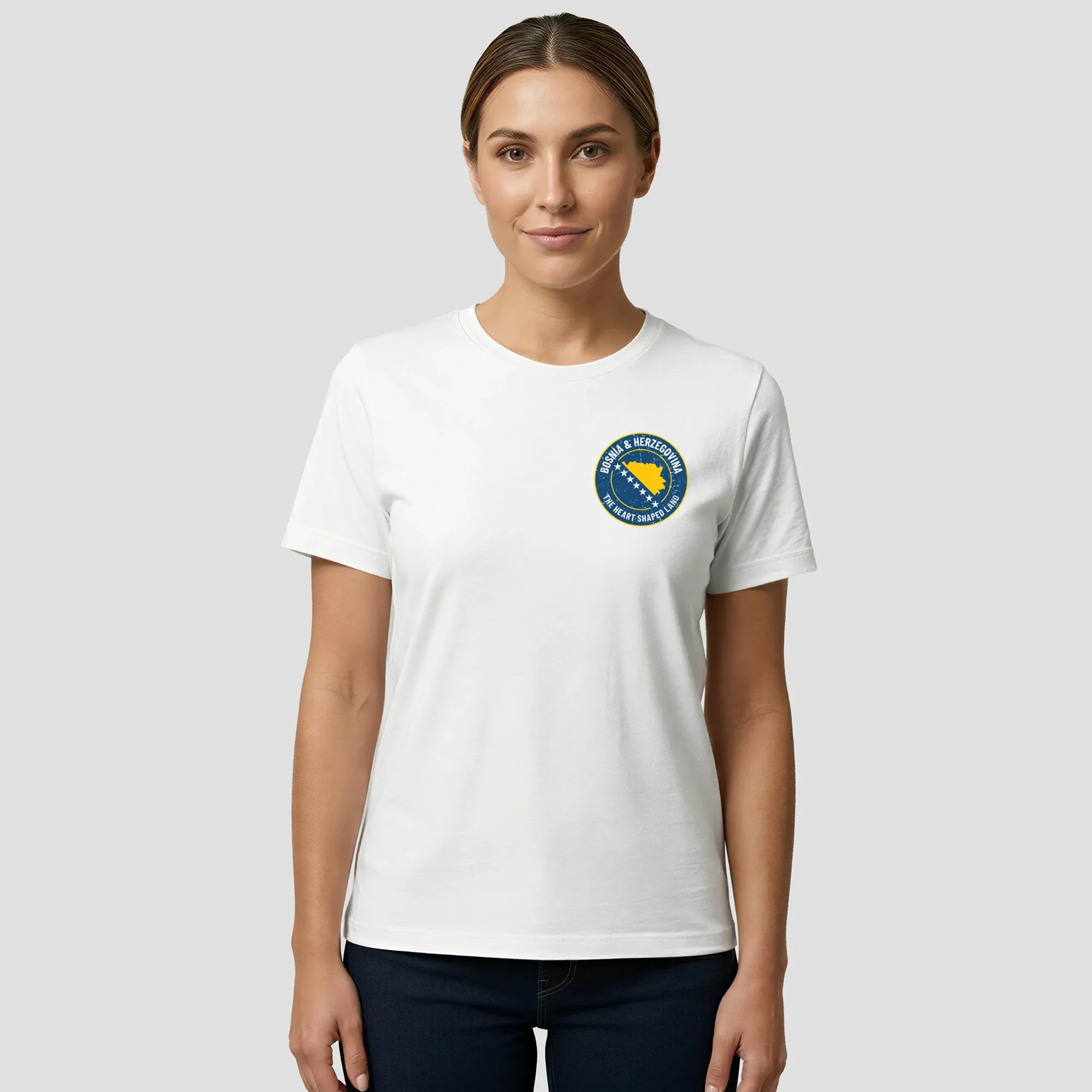Woman wearing a white Bosnia t-shirt front view
