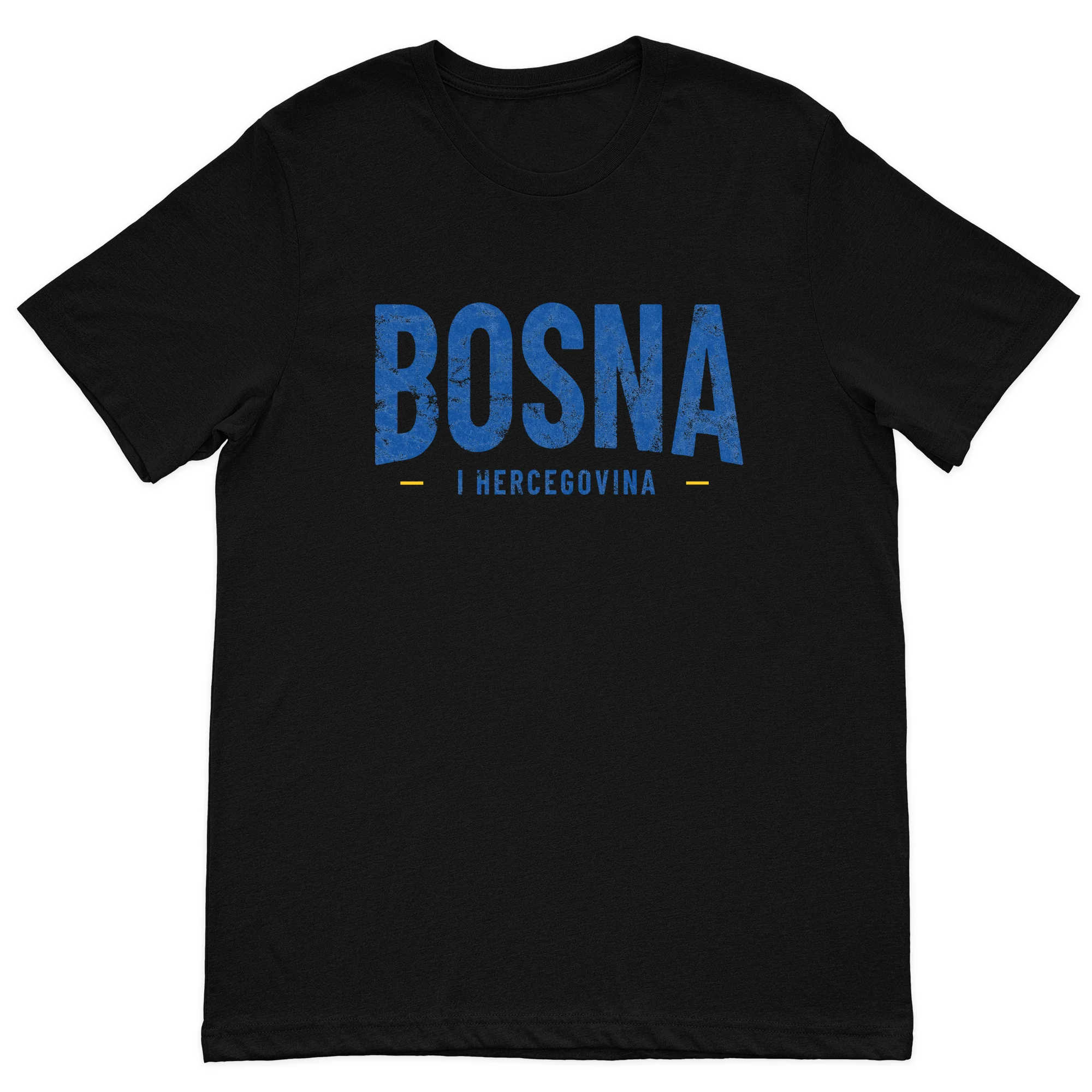 Black t-shirt with Bosna Hercegovina printed in blue on a white background