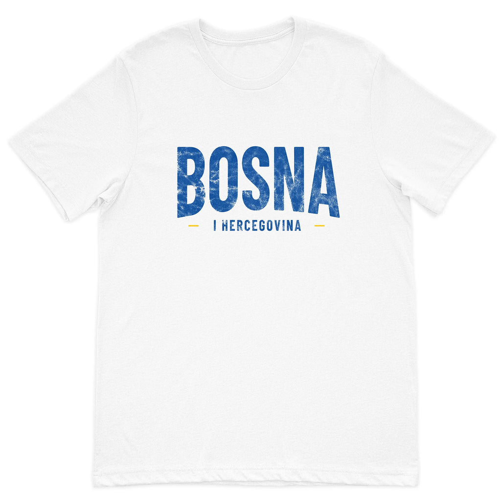 White t-shirt with Bosna Hercegovina printed in blue on a white background