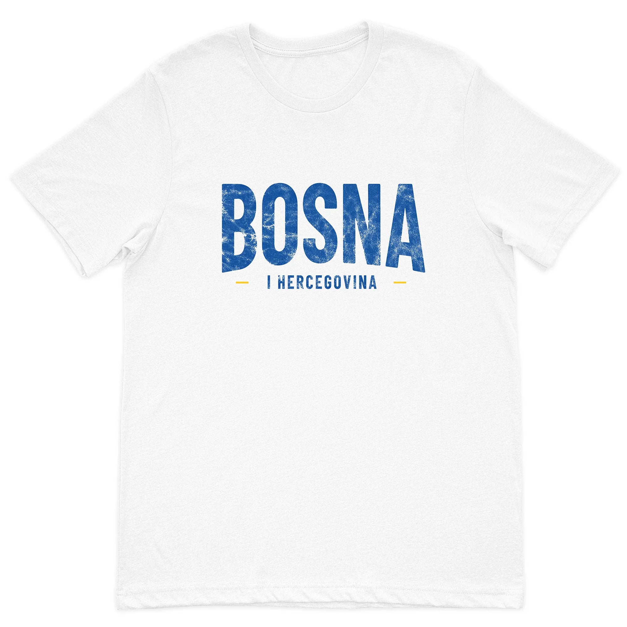 White t-shirt with Bosna Hercegovina printed in blue on a white background