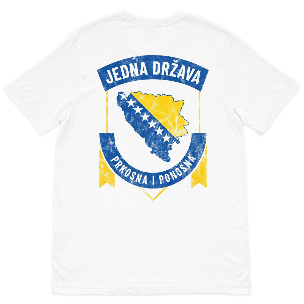 White t-shirt with a graphic design featuring text and a map of Bosnia and Herzegovina on a white background.