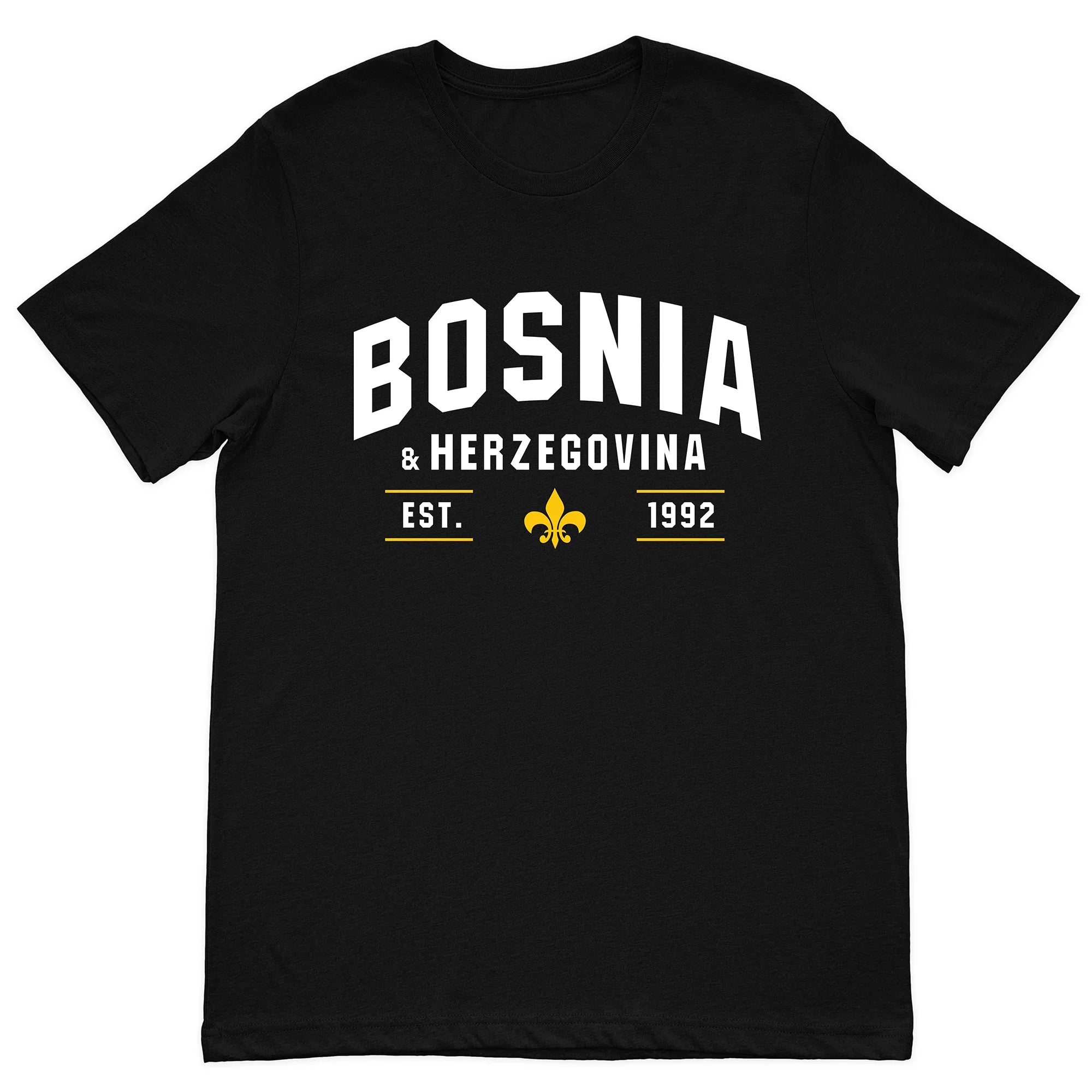 Black Bosnia and Herzegovina EST 1992 T-shirt featuring Bosnian lily design
