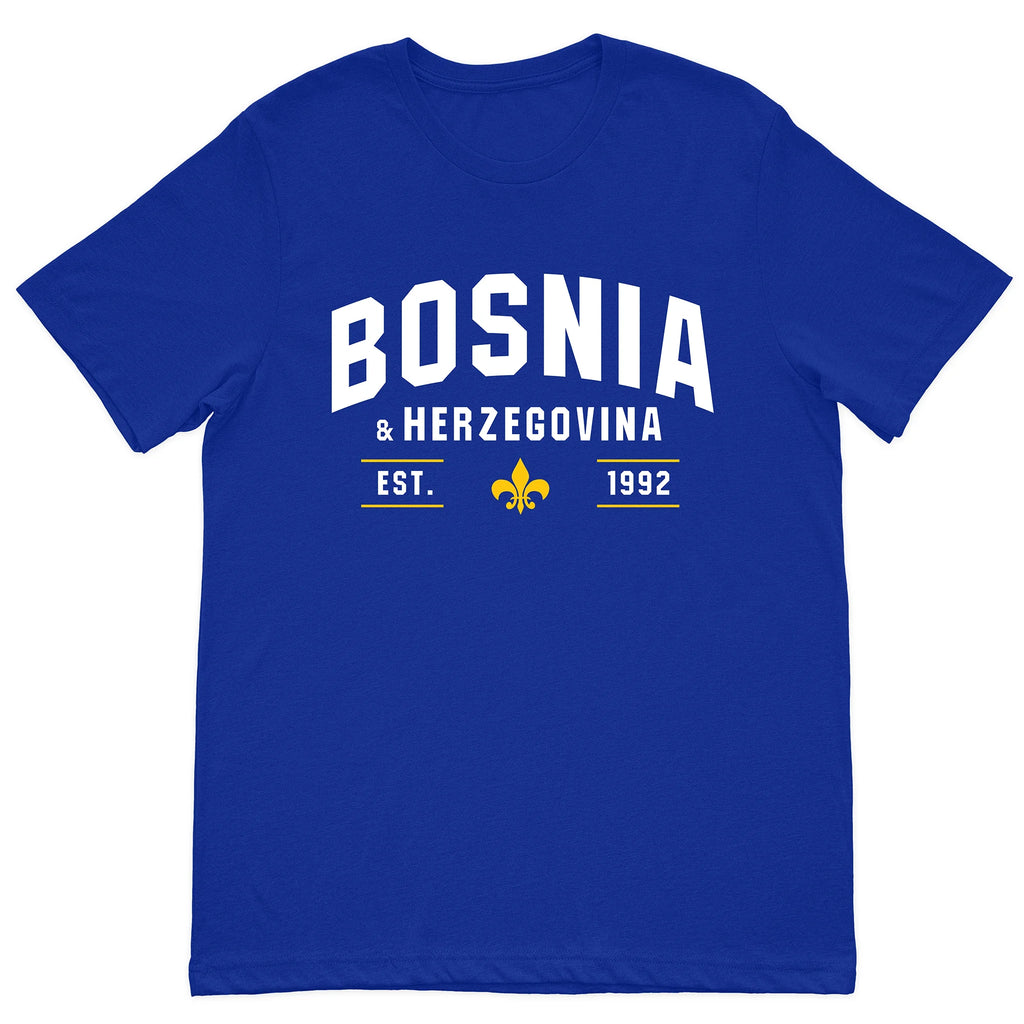 Blue Bosnia and Herzegovina T-shirt featuring Bosnian lily design
