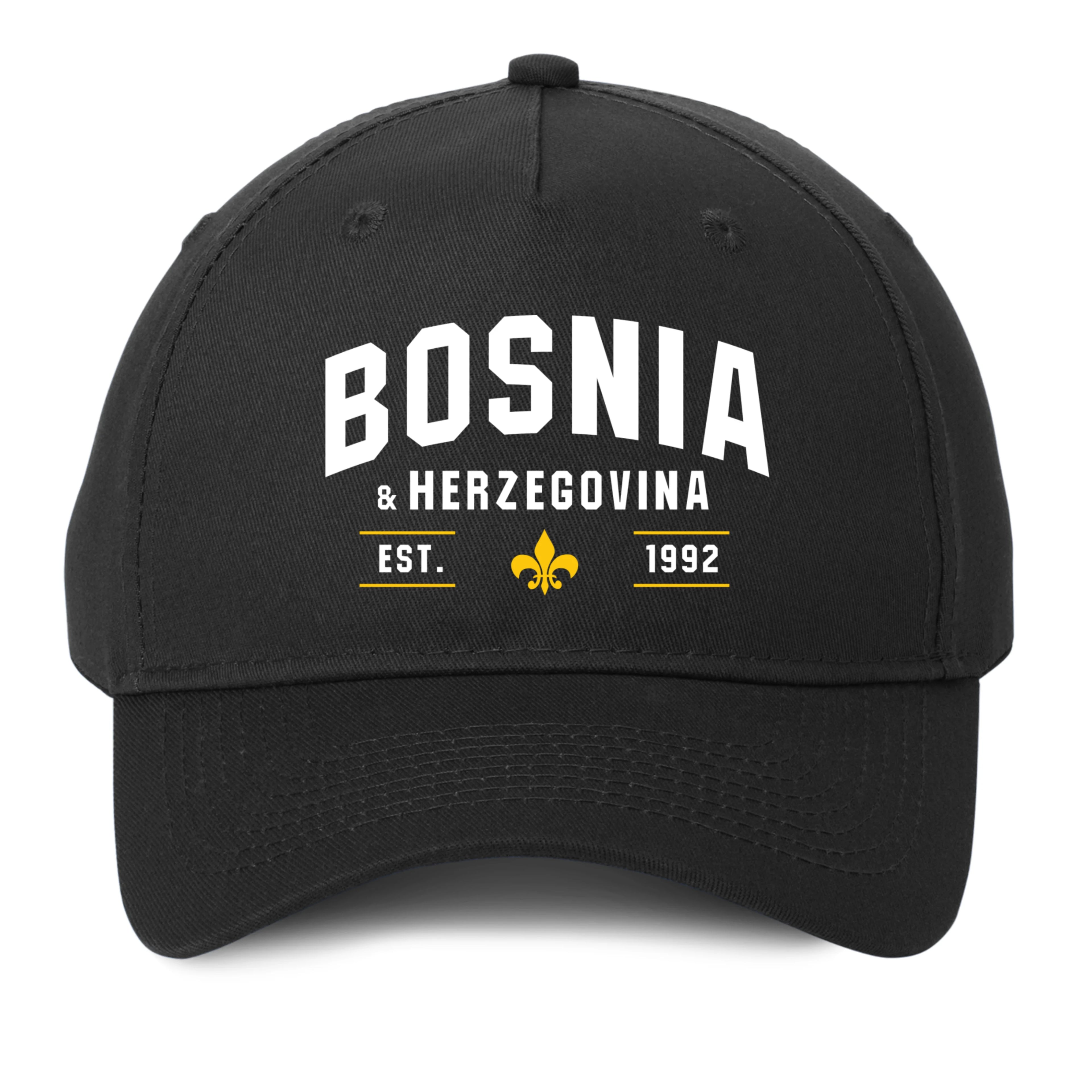 Black Bosnia and Herzegovina hat featuring Bosnian pride design and adjustable baseball cap style