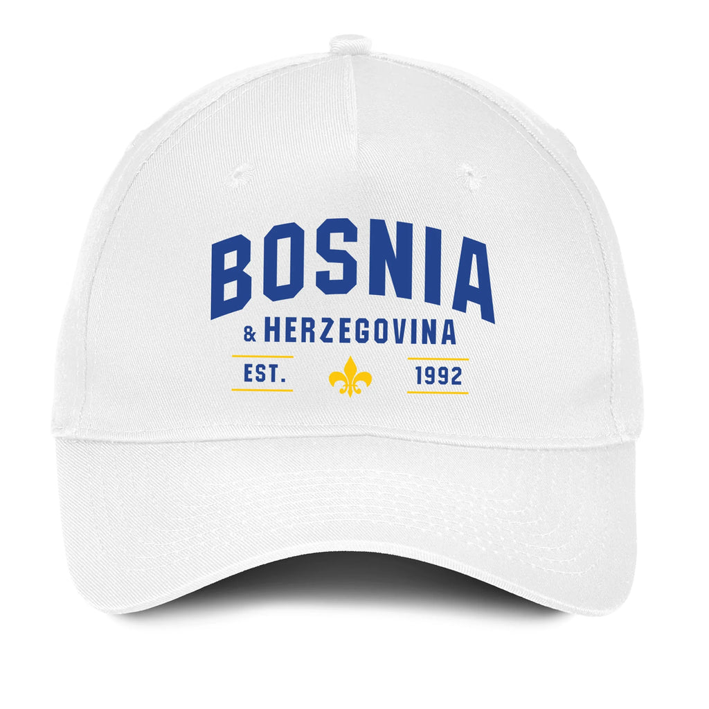 White Bosnia and Herzegovina hat featuring Bosnian pride design and adjustable baseball cap style