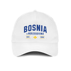 White Bosnia and Herzegovina hat featuring Bosnian pride design and adjustable baseball cap style