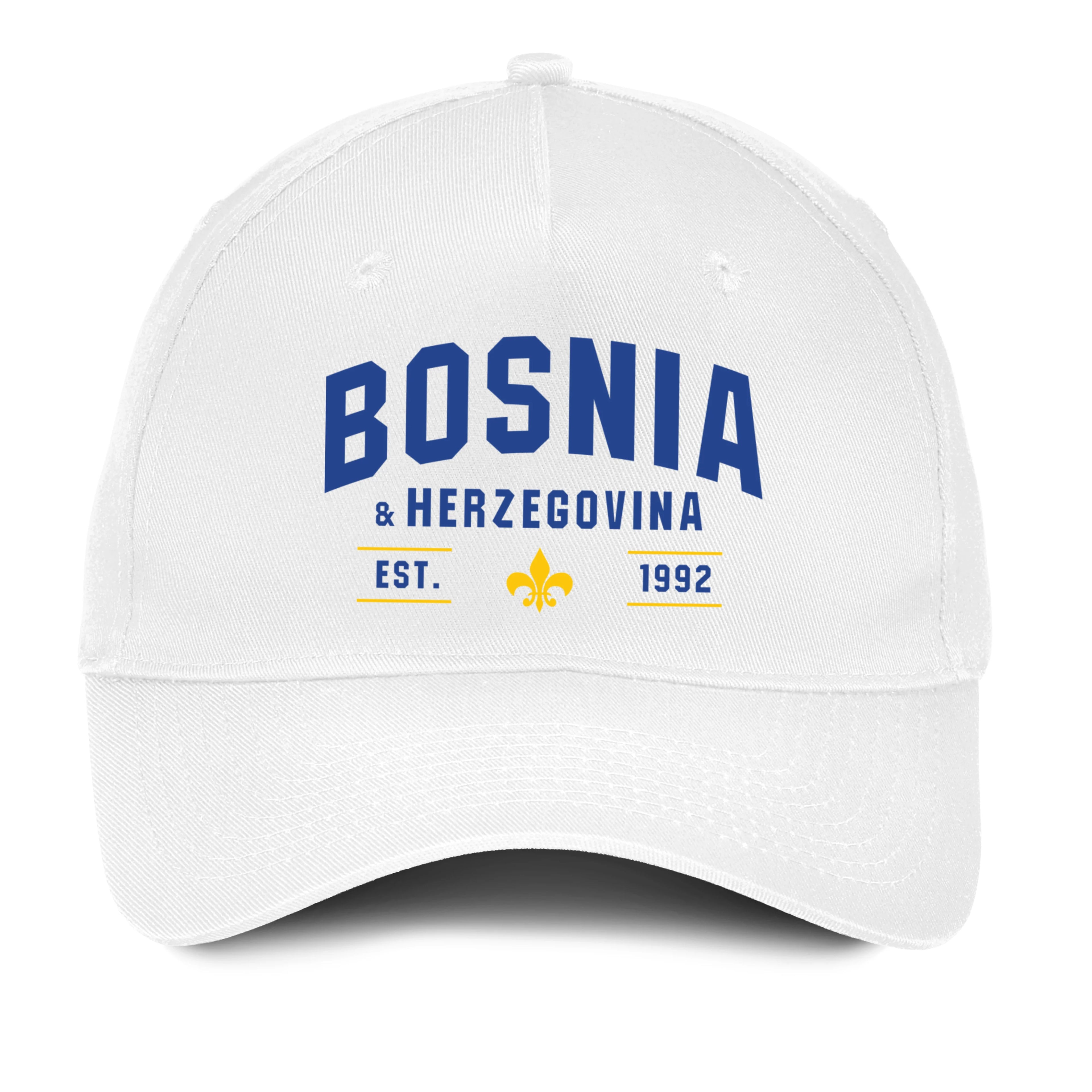 White Bosnia and Herzegovina hat featuring Bosnian pride design and adjustable baseball cap style