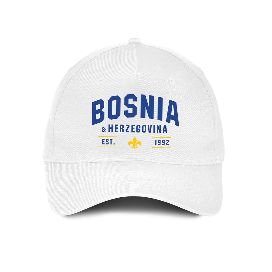 White Bosnia and Herzegovina hat featuring Bosnian pride design and adjustable baseball cap style