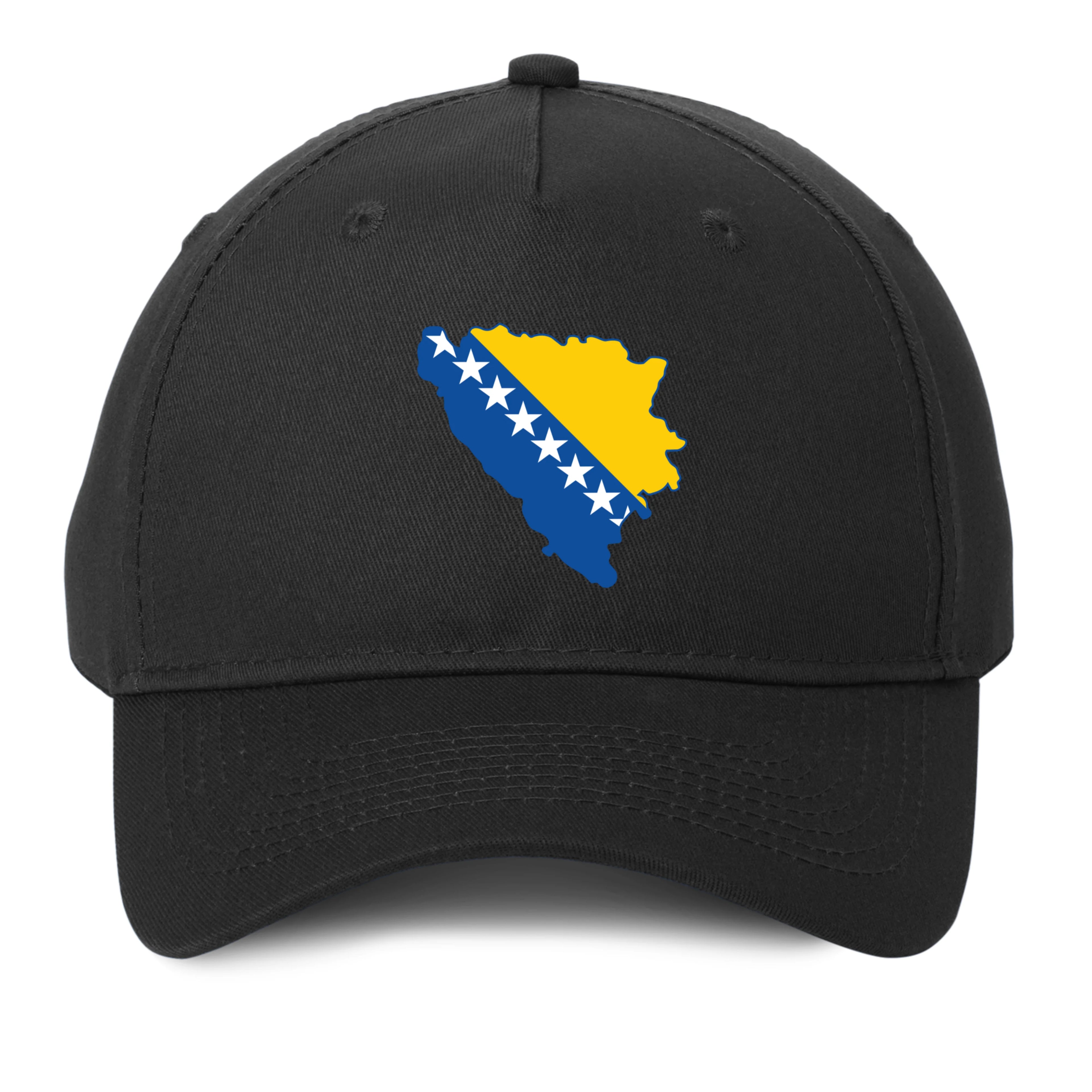 Black Bosnia and Herzegovina map hat featuring Bosnian flag colors