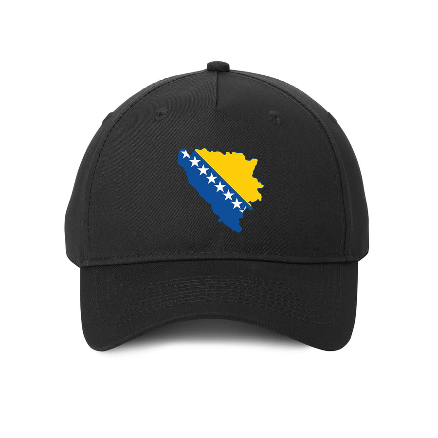 Black Bosnia and Herzegovina map hat featuring Bosnian flag colors