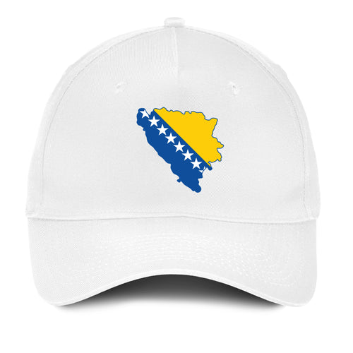 White Bosnia and Herzegovina map hat featuring Bosnian flag colors