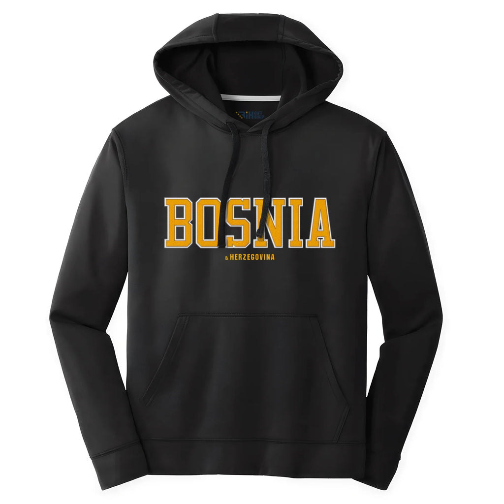 Black Bosnia hoodie featuring varsity style Bosnian design