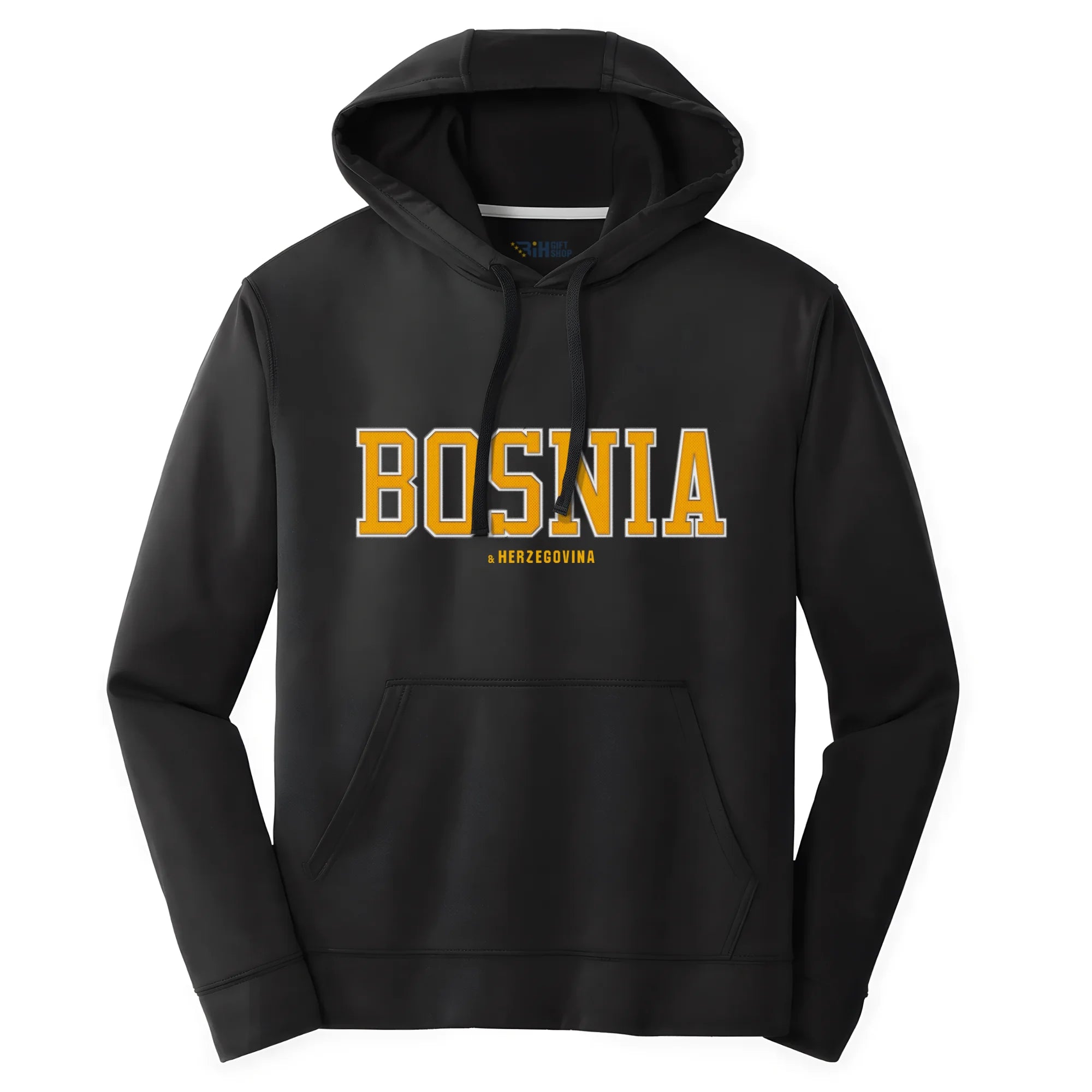Black Bosnia hoodie featuring varsity style Bosnian design