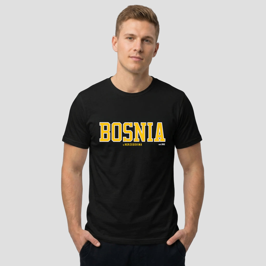 Man wearing a black t-shirt with 'BOSNIA' on the front