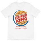 Funny Burek King graphic t-shirt featuring a crispy Bosnian burek illustration on a premium white cotton t-shirt.