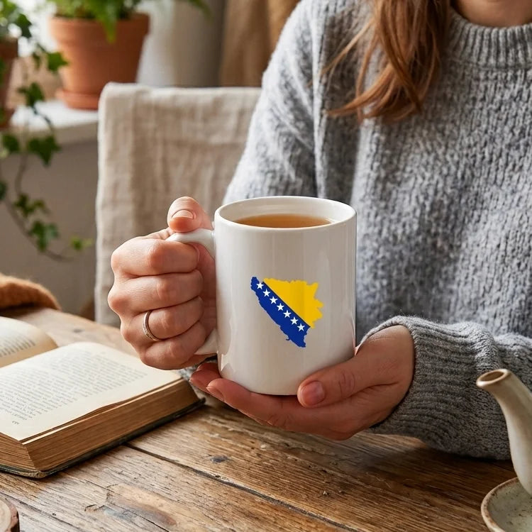 Person holding a mug with a flag design, sitting at a table with an open book and teapot.