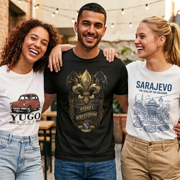 Three people wearing t-shirts with different designs and text, standing together outdoors.