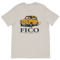 Fićo Zastava 750 vintage t-shirt featuring the iconic yellow Yugoslav compact car printed on a premium cream cotton shirt.