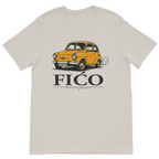Fićo Zastava 750 vintage t-shirt featuring the iconic yellow Yugoslav compact car printed on a premium cream cotton shirt.
