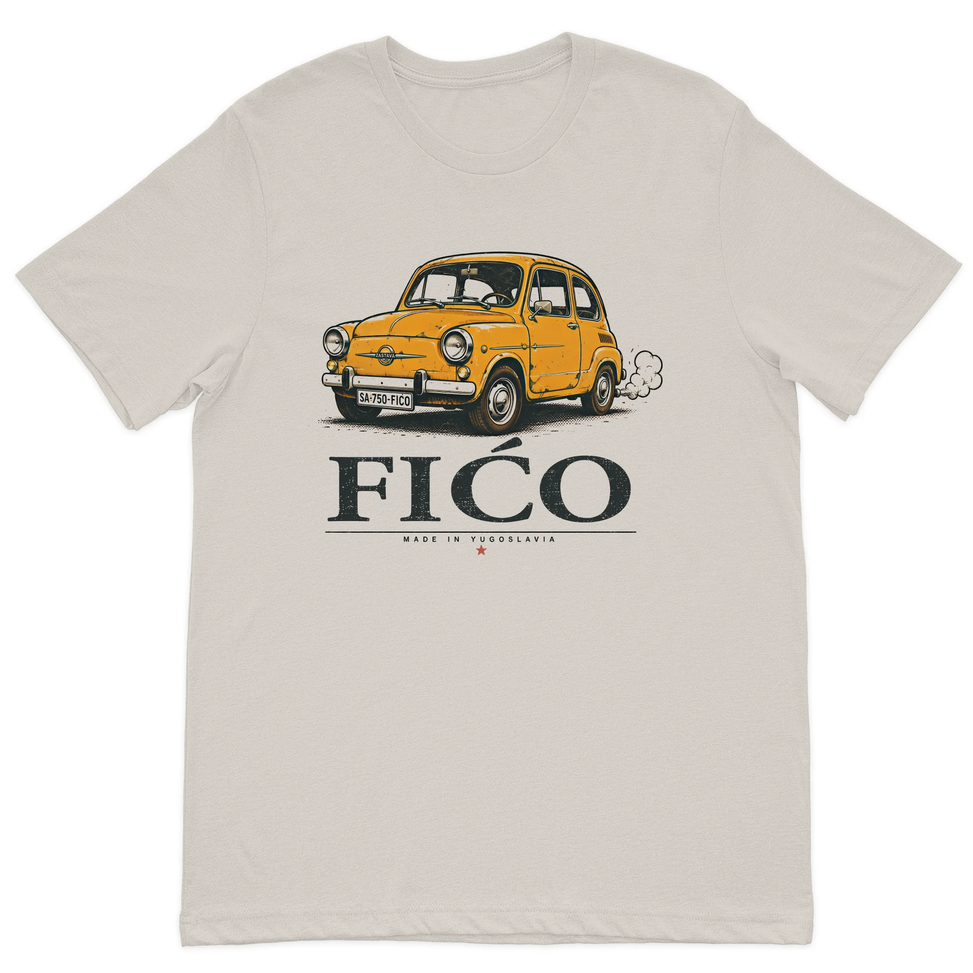 Fićo Zastava 750 vintage t-shirt featuring the iconic yellow Yugoslav compact car printed on a premium cream cotton shirt.