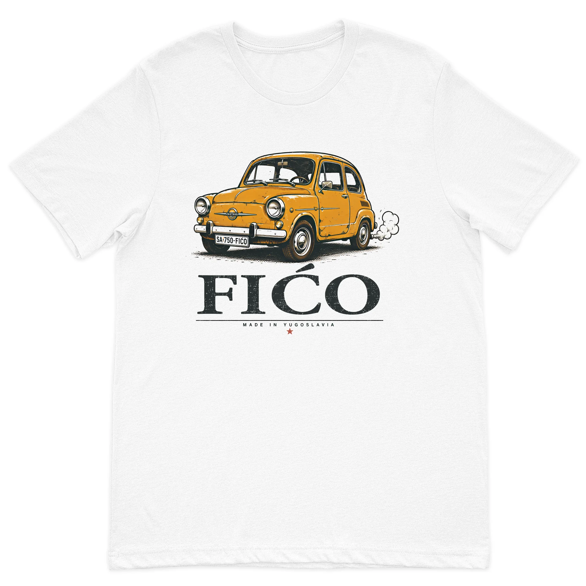 Fićo Zastava 750 vintage t-shirt featuring the iconic yellow Yugoslav compact car printed on a premium white cotton shirt.