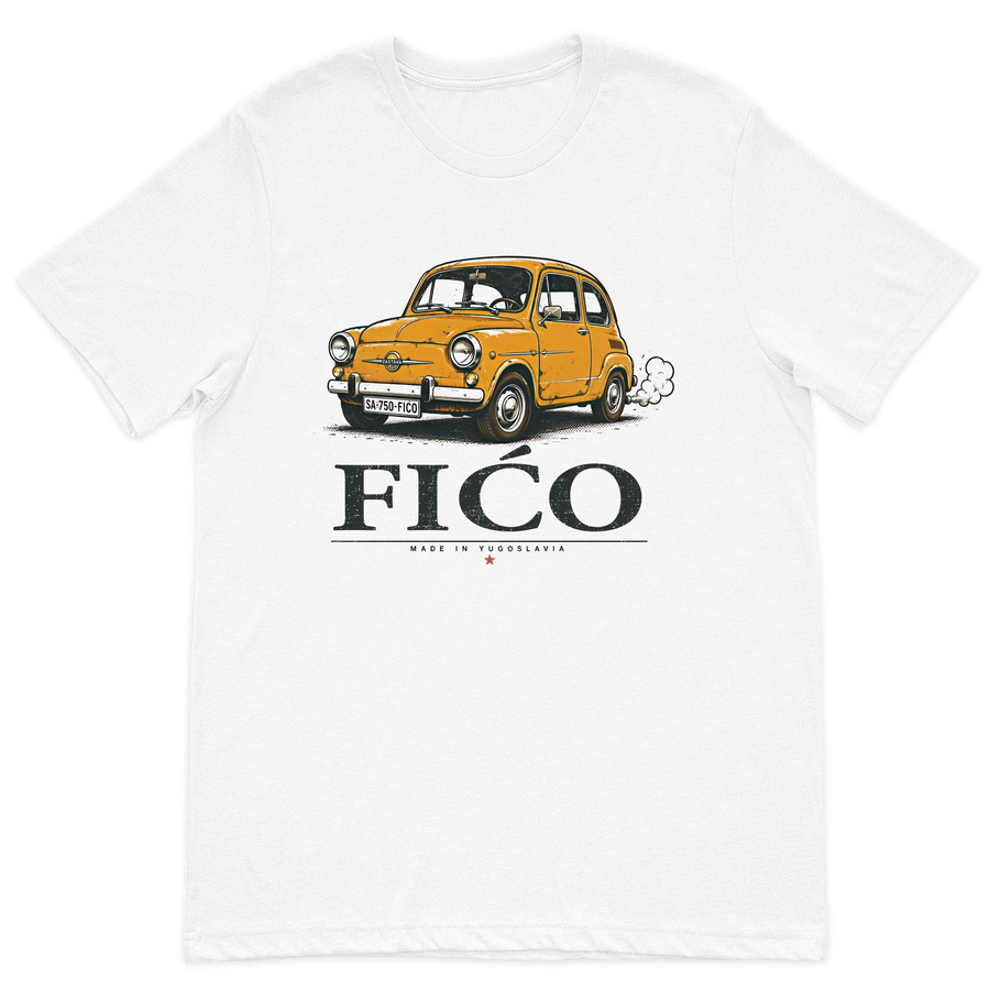 Fićo Zastava 750 vintage t-shirt featuring the iconic yellow Yugoslav compact car printed on a premium white cotton shirt.