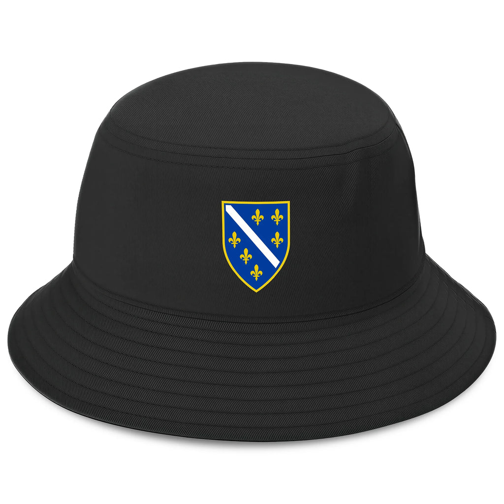 Black Bosnia and Herzegovina bucket hat featuring Bosnian Ljiljan emblem design
