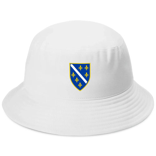 White Bosnia and Herzegovina bucket hat featuring Bosnian Ljiljan emblem design