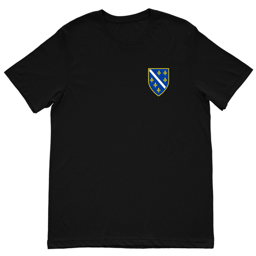 Black Bosnian Ljiljani T-shirt featuring historic Bosnia and Herzegovina coat of arms