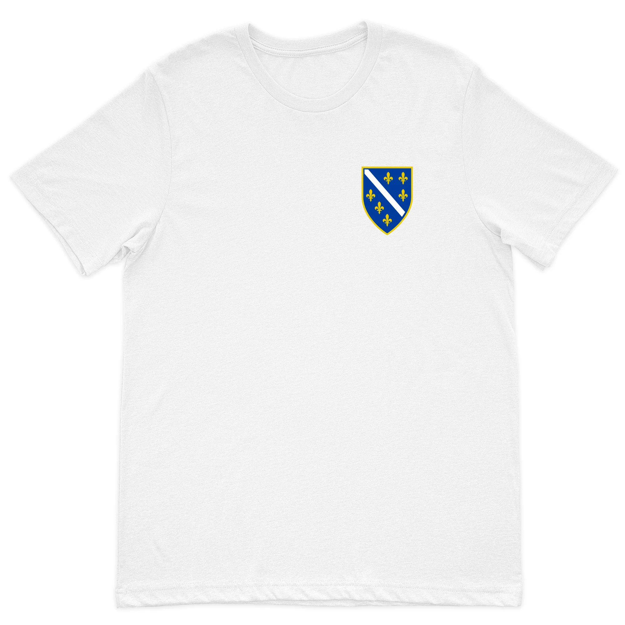 White Bosnian Ljiljani T-shirt featuring historic Bosnia and Herzegovina coat of arms