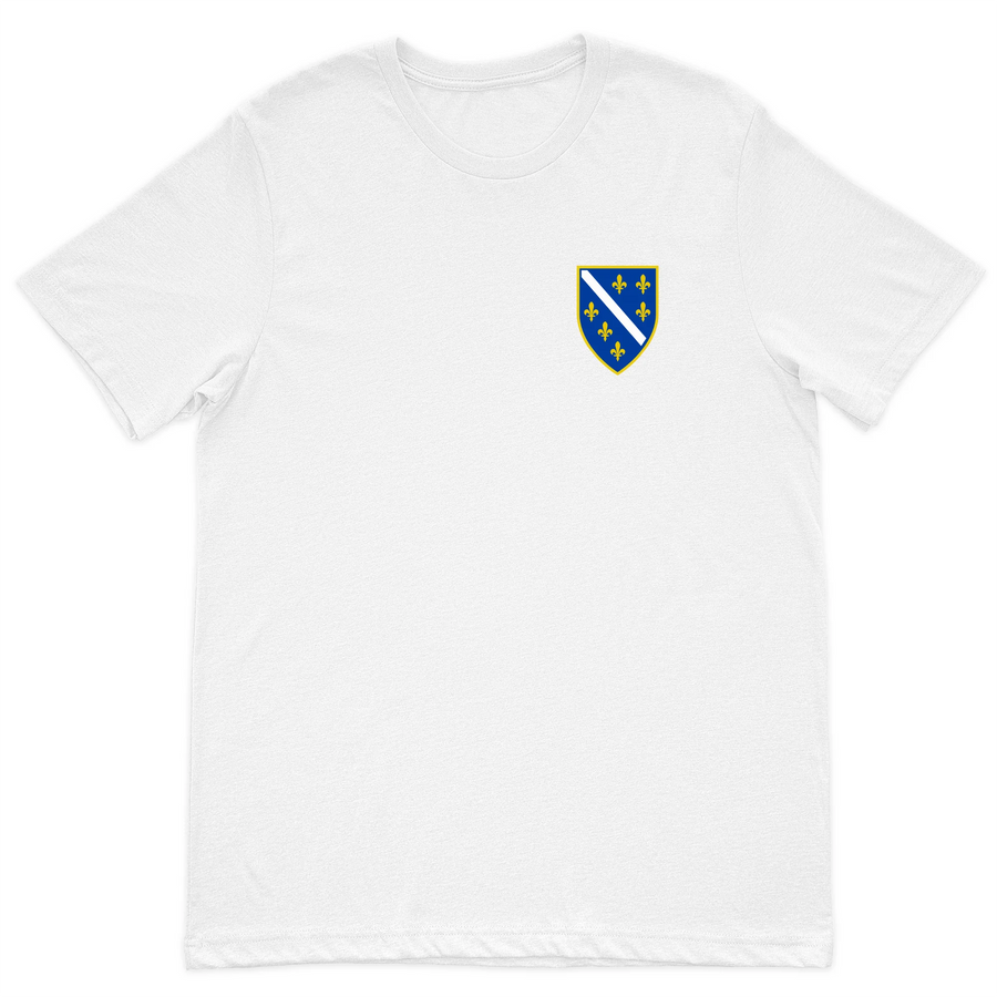 White Bosnian Ljiljani T-shirt featuring historic Bosnia and Herzegovina coat of arms