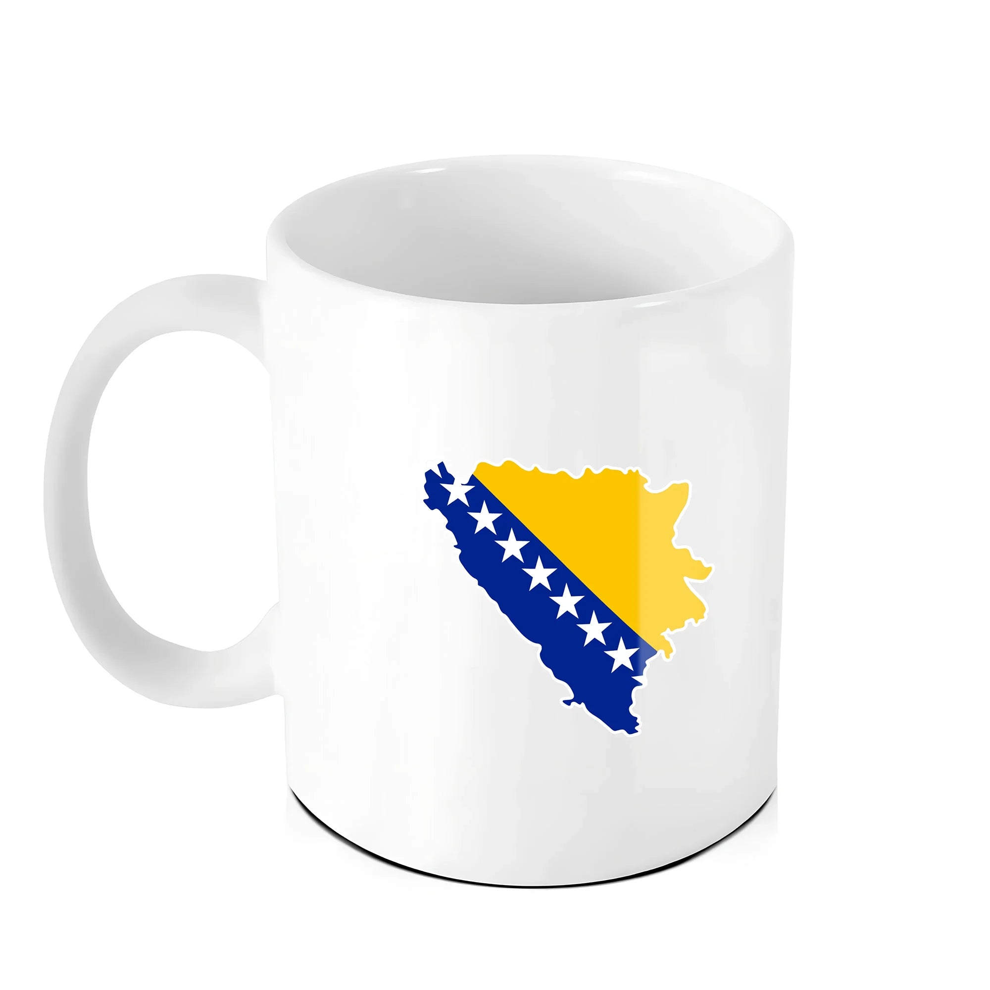 White coffee mug featuring Bosnia and Herzegovina map with Bosnian flag design