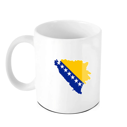 White coffee mug featuring Bosnia and Herzegovina map with Bosnian flag design