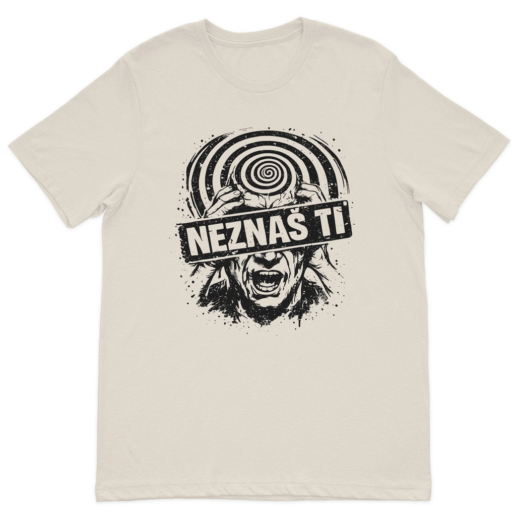 NEZNAS TI graphic t-shirt featuring a distressed black illustration with a hypnotic spiral on a premium cream cotton t-shirt.