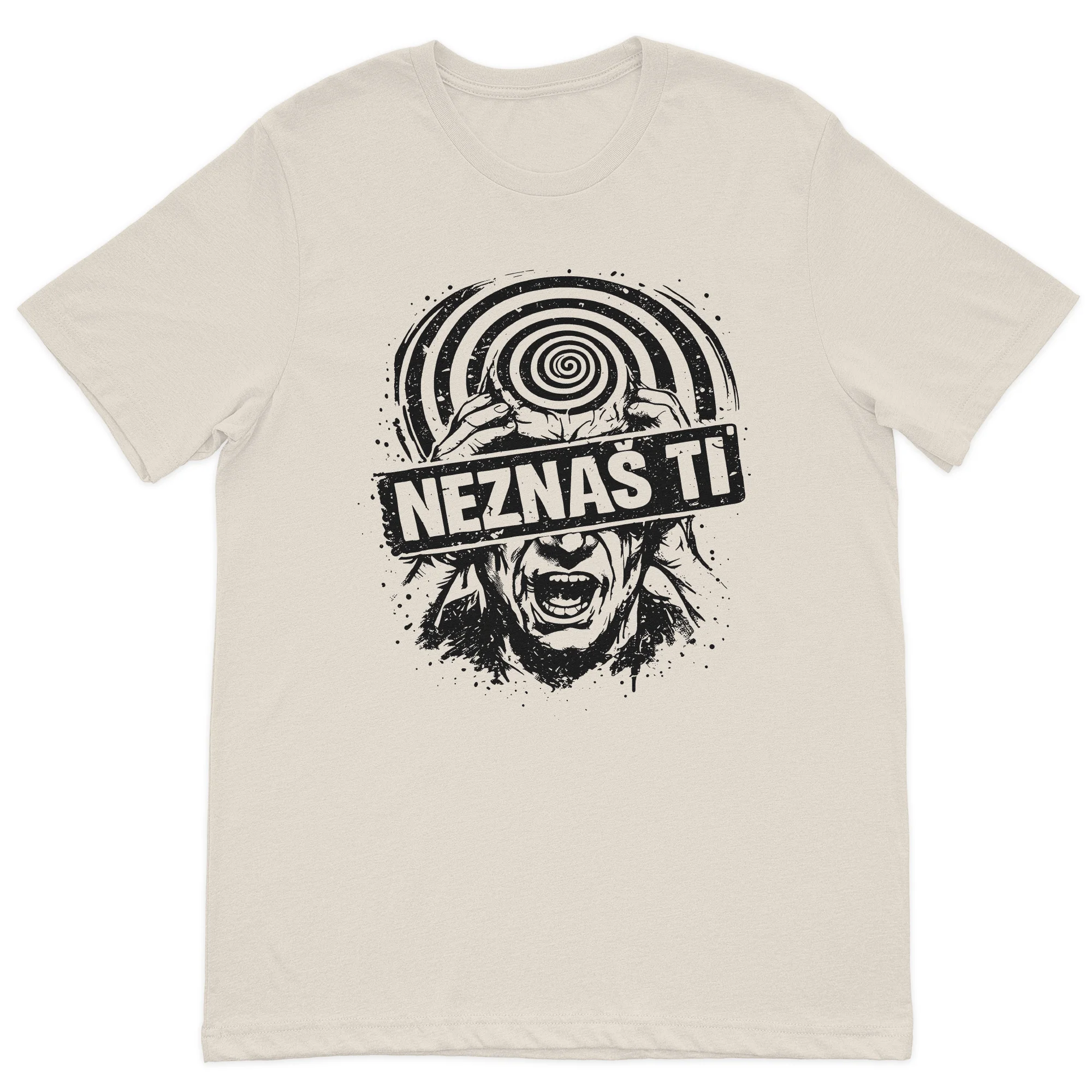 NEZNAS TI graphic t-shirt featuring a distressed black illustration with a hypnotic spiral on a premium sand cotton t-shirt.
