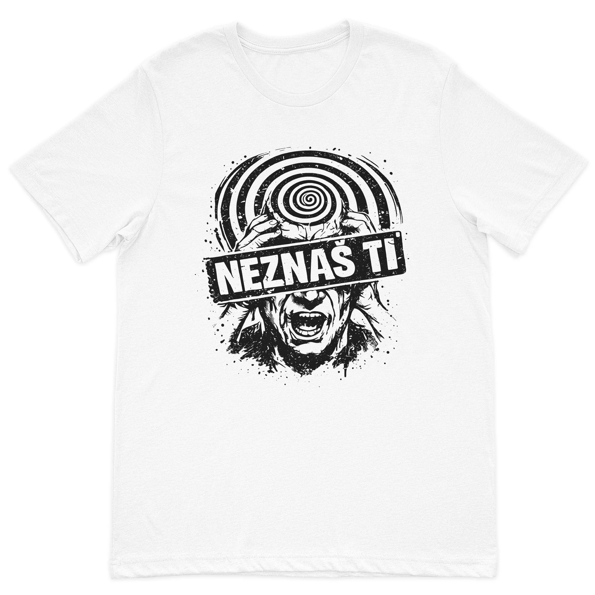 NEZNAS TI graphic t-shirt featuring a distressed black illustration with a hypnotic spiral on a premium white cotton t-shirt.