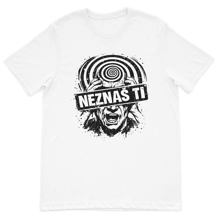 NEZNAS TI graphic t-shirt featuring a distressed black illustration with a hypnotic spiral on a premium white cotton t-shirt.