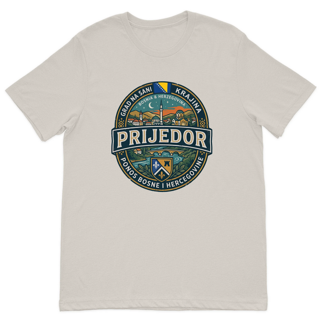 Prijedor Bosnia heritage T-shirt in cream with colorful Bosnian hometown design
