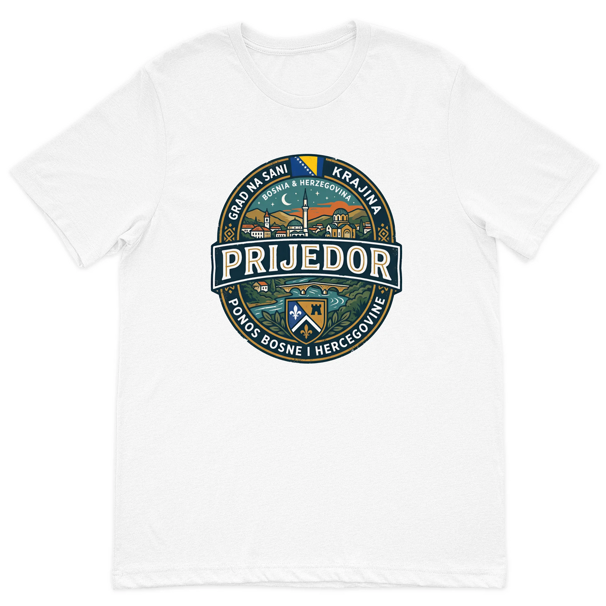 Prijedor Bosnia heritage T-shirt in white with colorful Bosnian hometown design