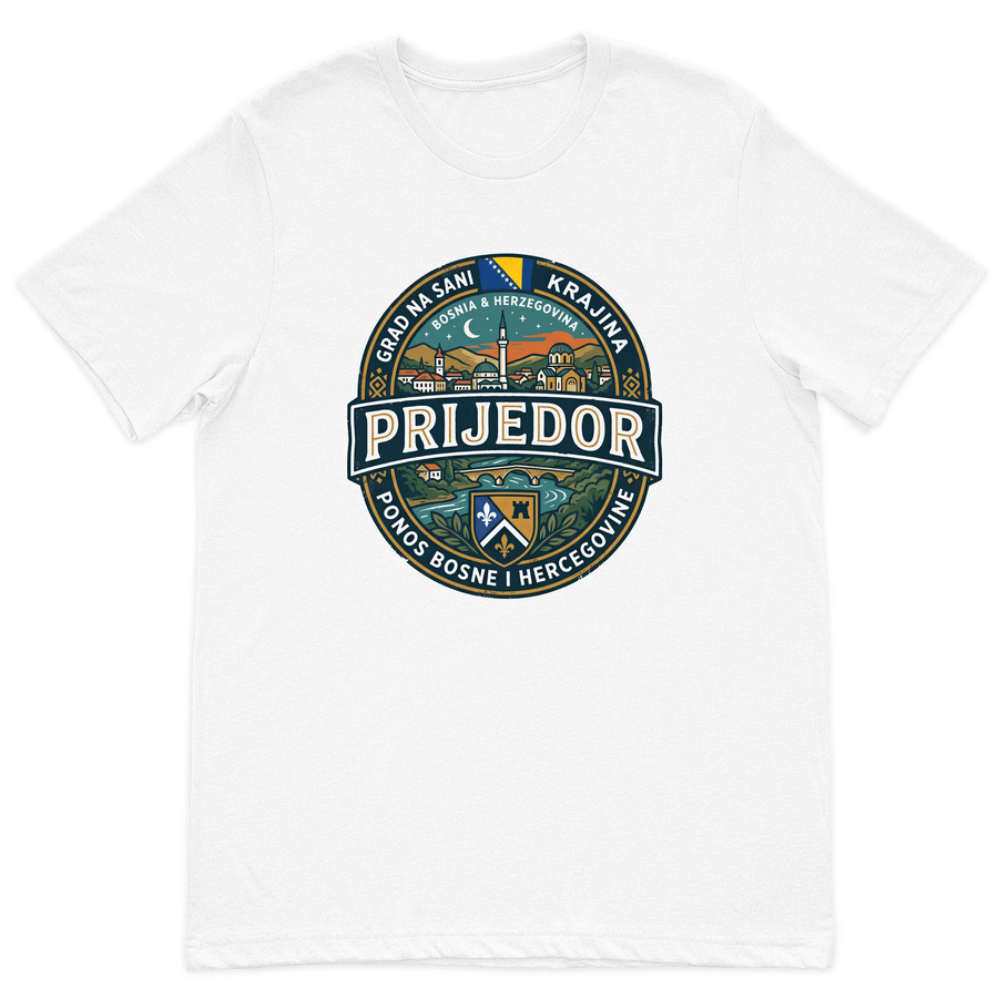 Prijedor Bosnia heritage T-shirt in white with colorful Bosnian hometown design