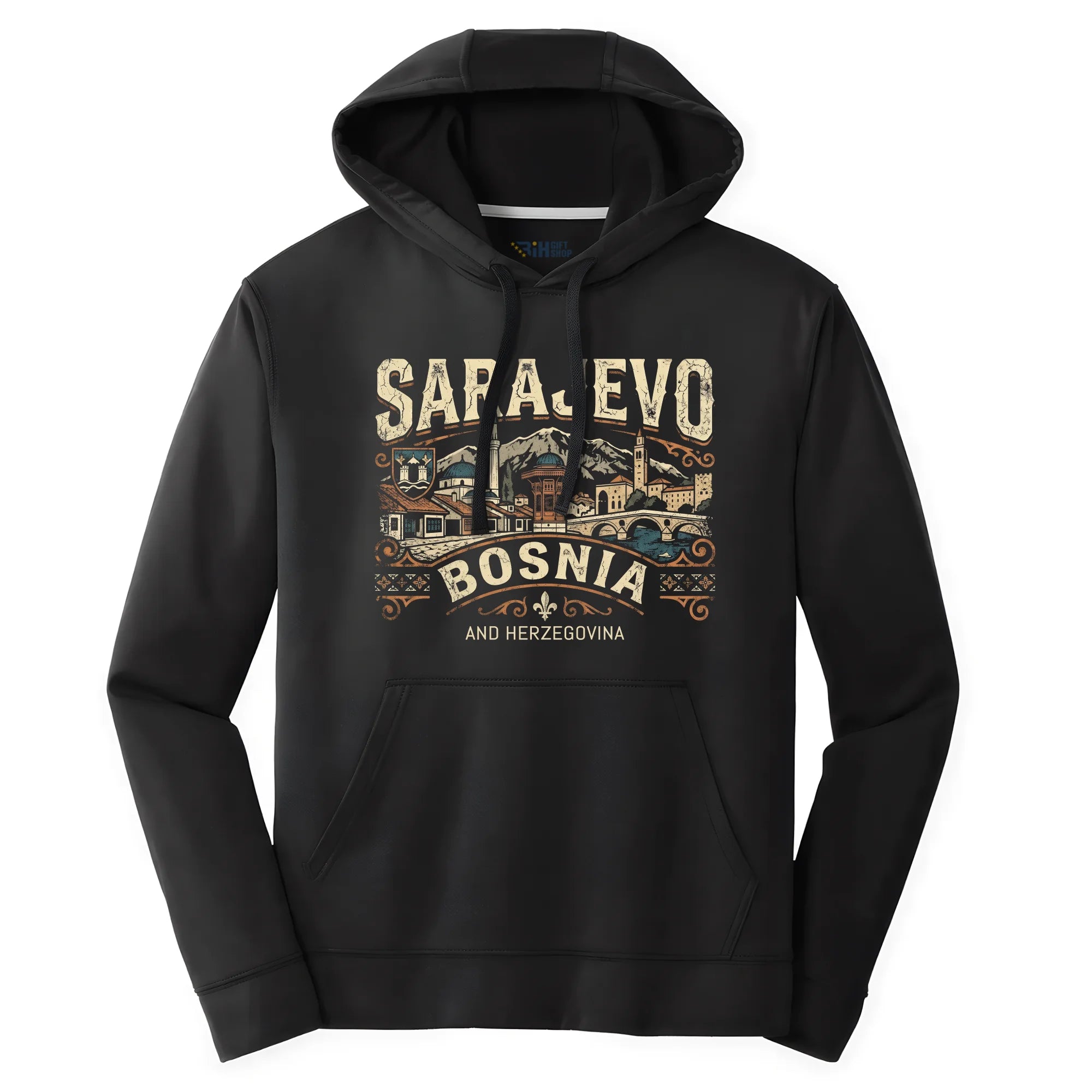 Black Sarajevo Bosnia and Herzegovina hoodie featuring vintage city landmark design