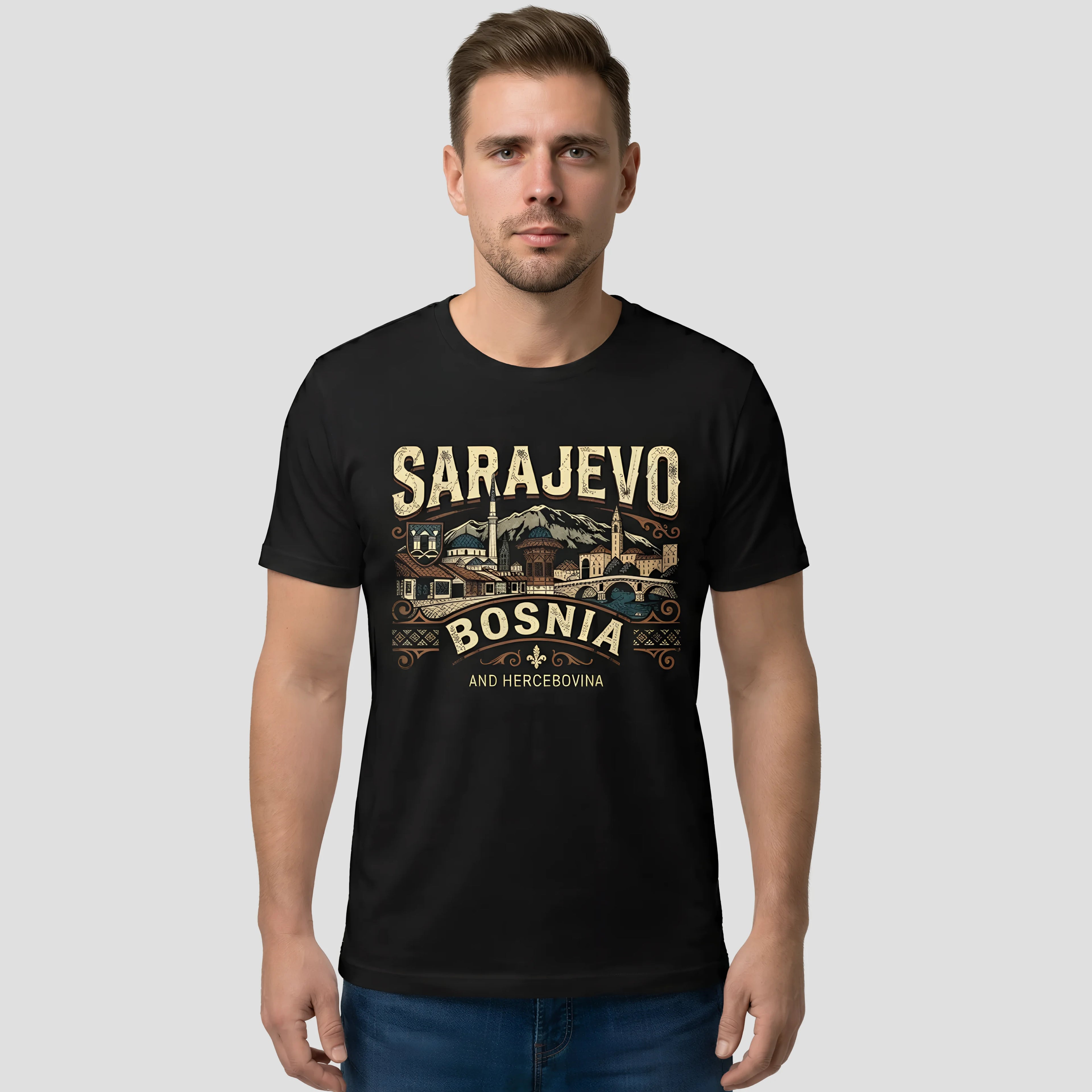 Men wearing Sarajevo Bosnia t-shirt