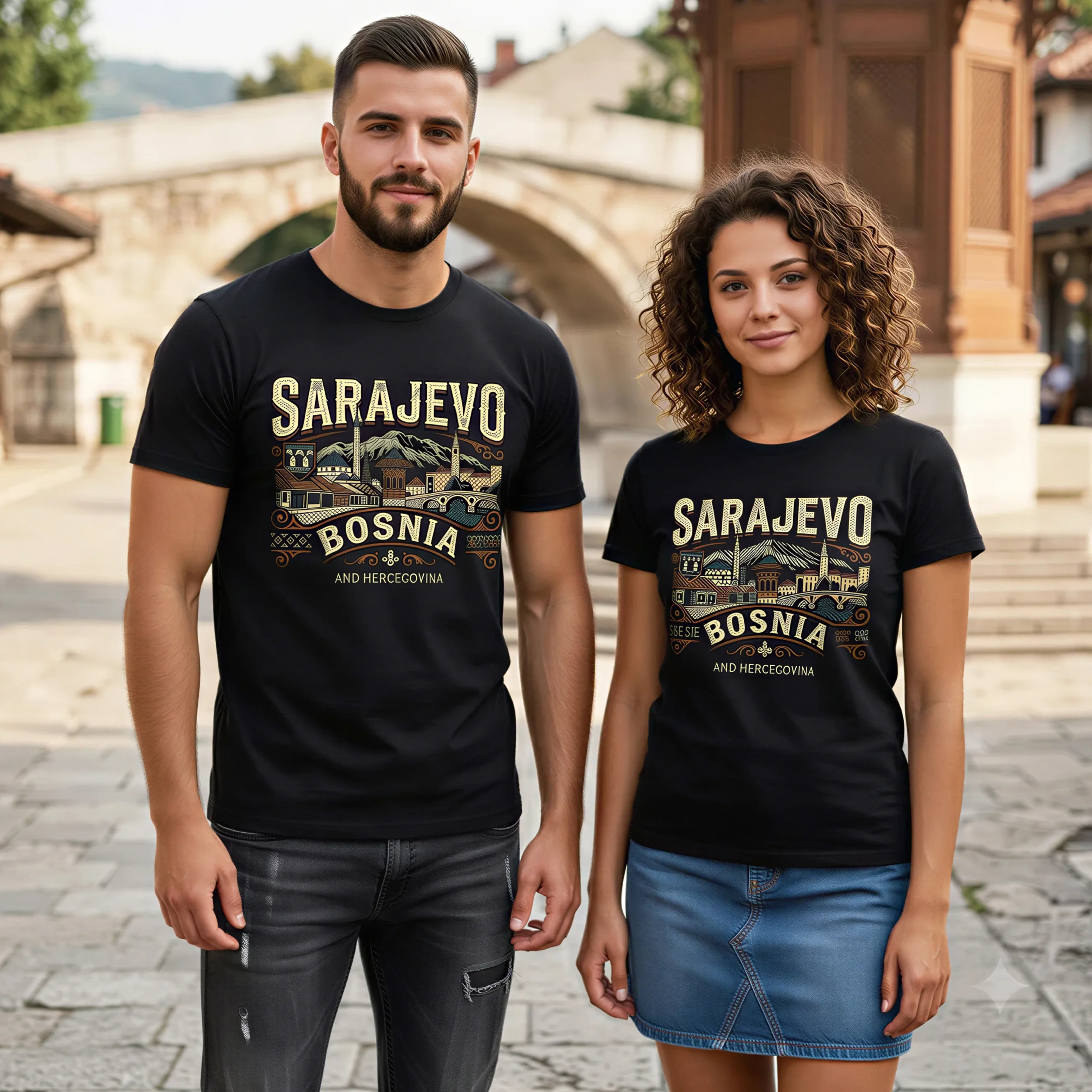 Two people wearing black Sarajevo t-shirts in an outdoor setting.