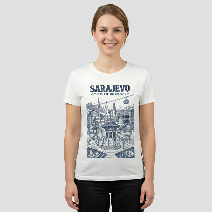 Woman wearing the white Sarajevo Soul T-shirt with the "Soul of the Balkans" city illustration