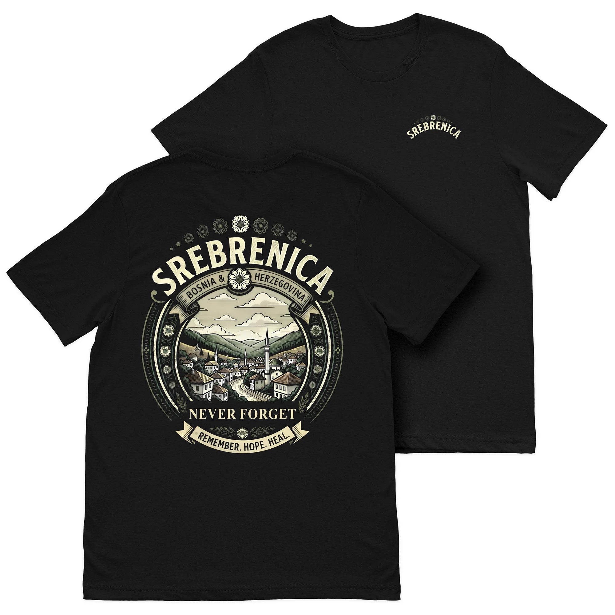 Srebrenica Never Forget T-Shirt featuring commemorative Bosnia and Herzegovina artwork and remembrance message
